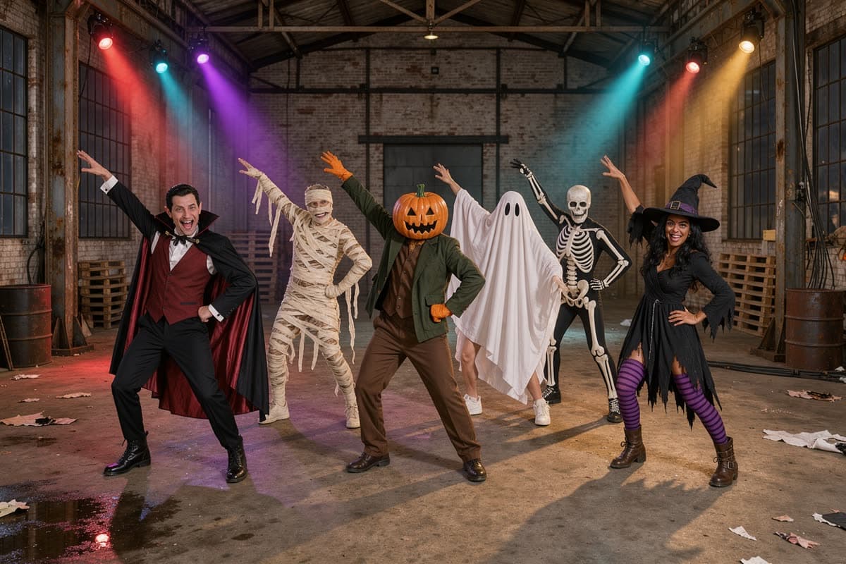 A crew of Halloween characters dancing in formation