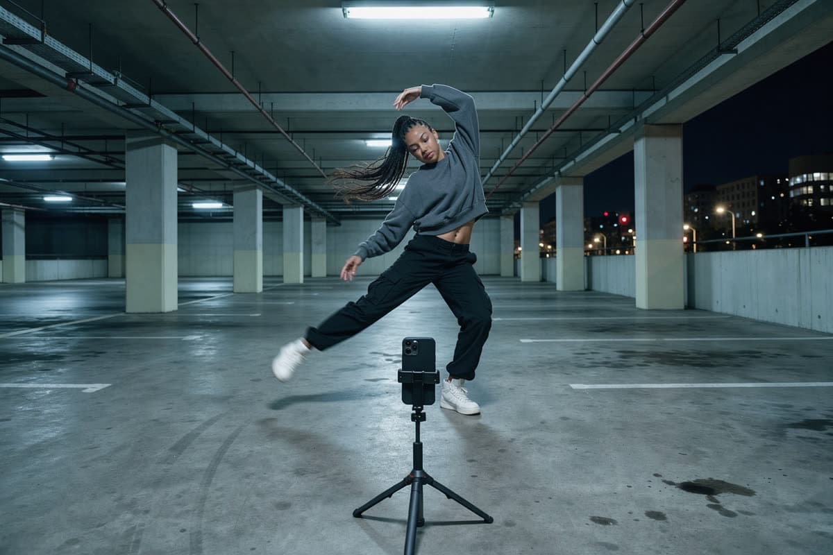 A dancer filming her own routine with a phone on a tripod