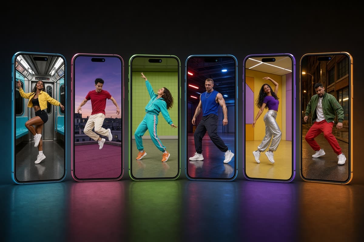 Phone screens showing different dance videos