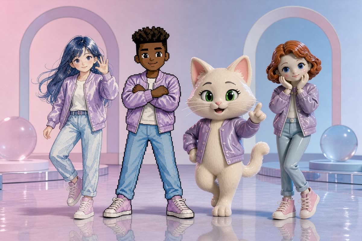 Four stylized characters posing as a pop group on a music video set