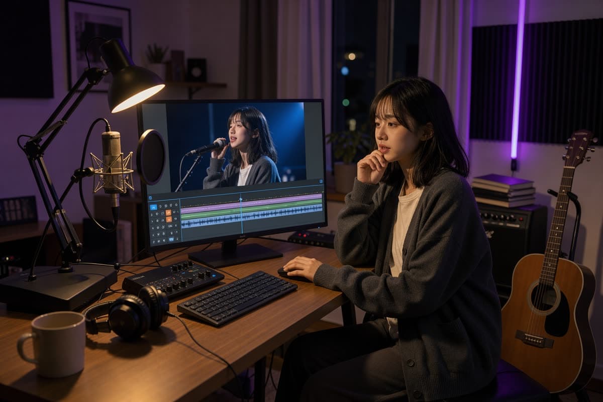 A musician watching her own music video above an editing timeline