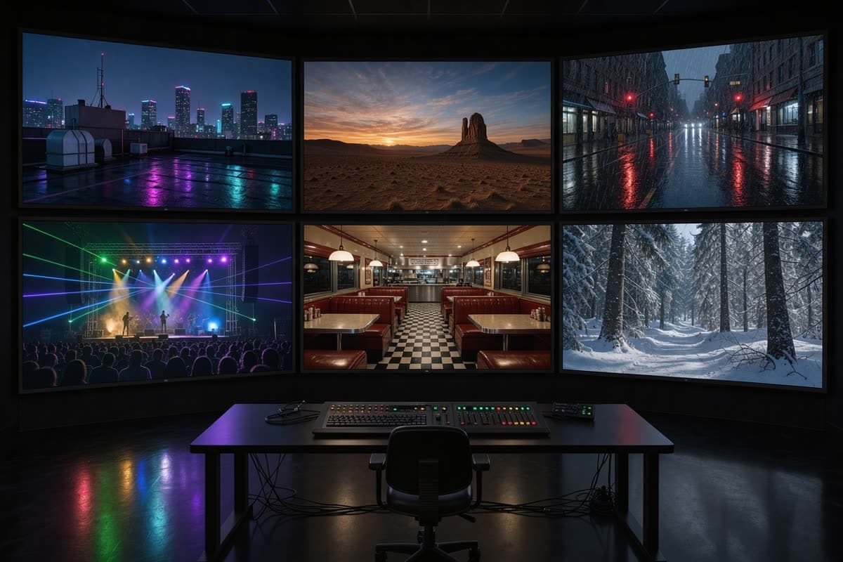 A wall of screens showing different music video scenes