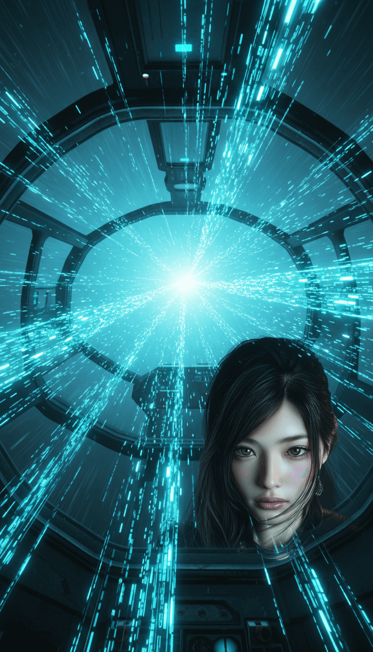 डायनामिक विज़ुअलाइज़र जो ध्वनि तरंगों को एनिमेटेड पात्रों में बदलते हुए दिखाता है जो भविष्य के शहर के दृश्यों में कूद रहे हैं, 'Dream Jump_highlight.mp3' का प्रतिनिधित्व करते हैं।