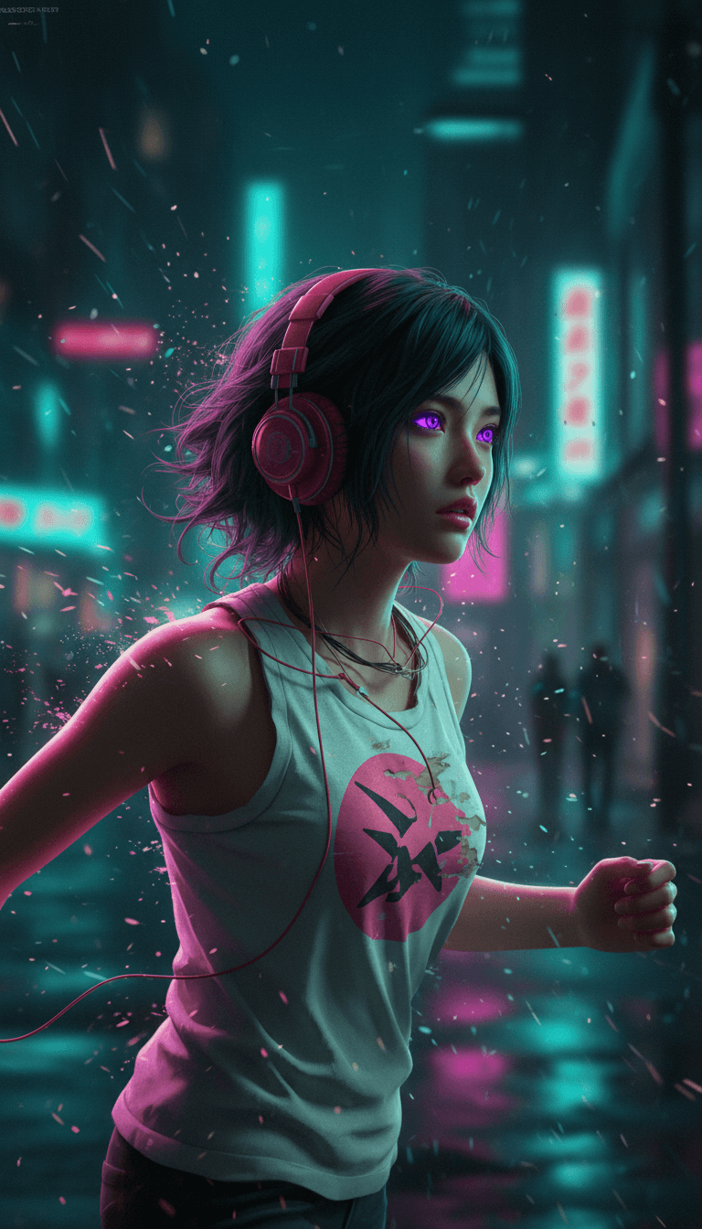 looooopsio의 J-pop 곡을 위한 애니메이션 비주얼을 구상하는 AI로, 생생한 색상과 역동적인 선을 보여줍니다.