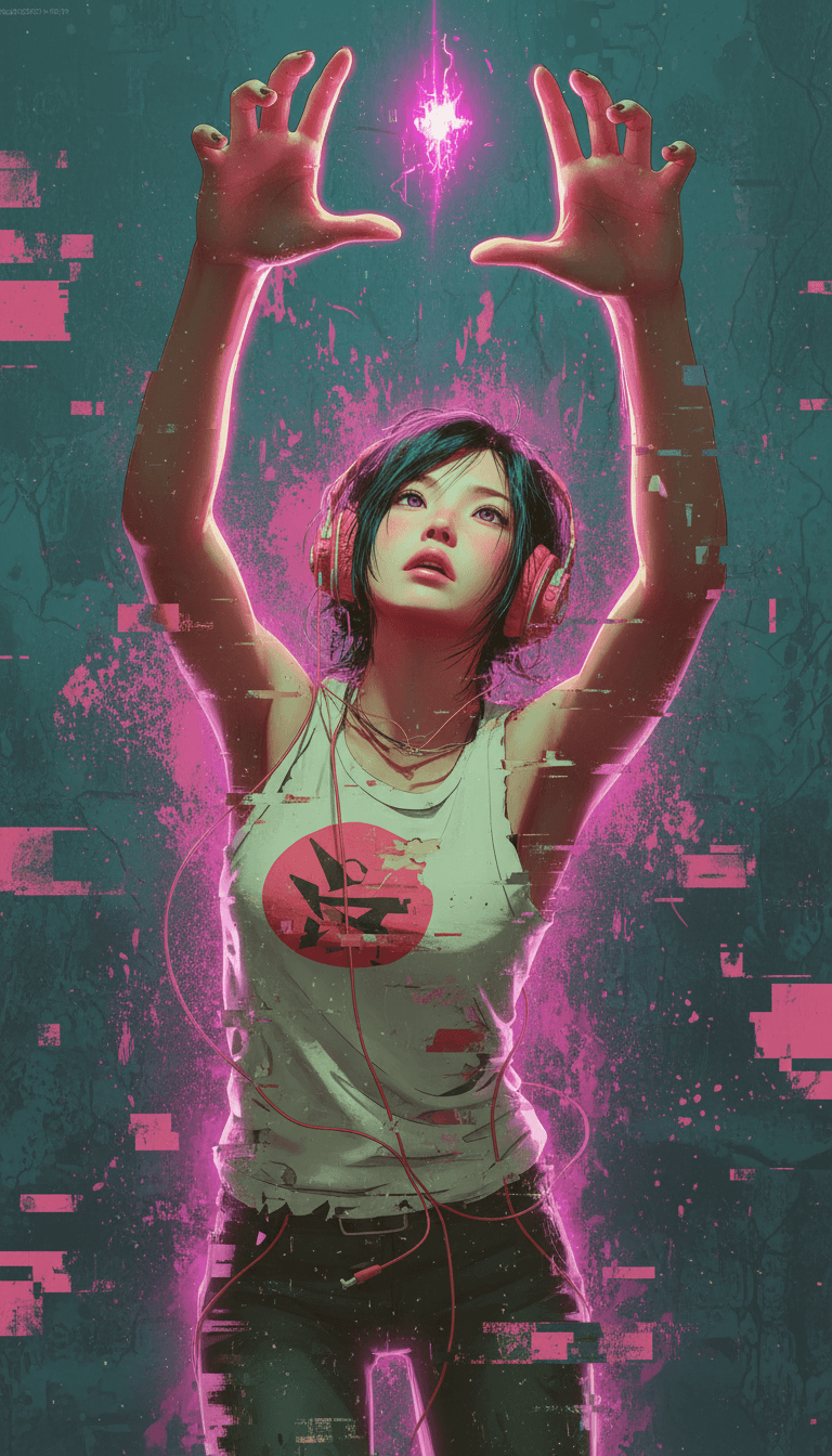 음악 비트에 맞춰 활기찬 별이 가득한 풍경을 가로질러 점프하는 역동적인 애니메이션 캐릭터.