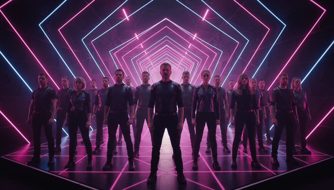 Paisagem urbana futurista com rastros de luz brilhantes e explosões energéticas abstratas, sincronizadas com música eletrônica.