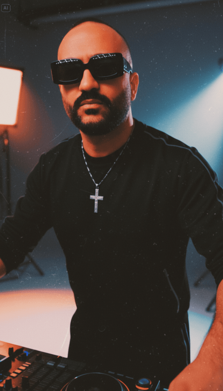 IA analisando a forma de onda e o fluxo lírico de uma faixa de hip-hop, mostrando metadados e pistas visuais emergindo do espectro de áudio.