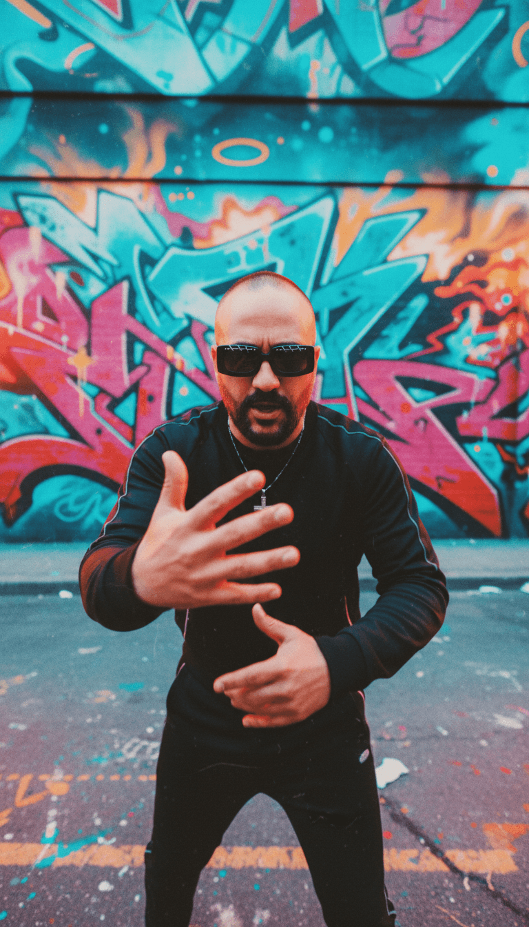 Cenas dinâmicas de videoclipes geradas por IA, retratando energia urbana, momentos de destaque e elementos temáticos inspirados em letras de hip-hop.