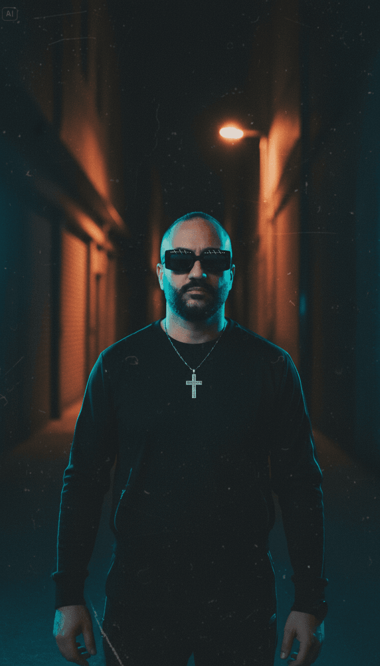 Um artista compartilhando orgulhosamente seu videoclipe de IA recém-criado para sua faixa de hip-hop em uma tela digital, exibindo visuais de alta qualidade e engajamento.