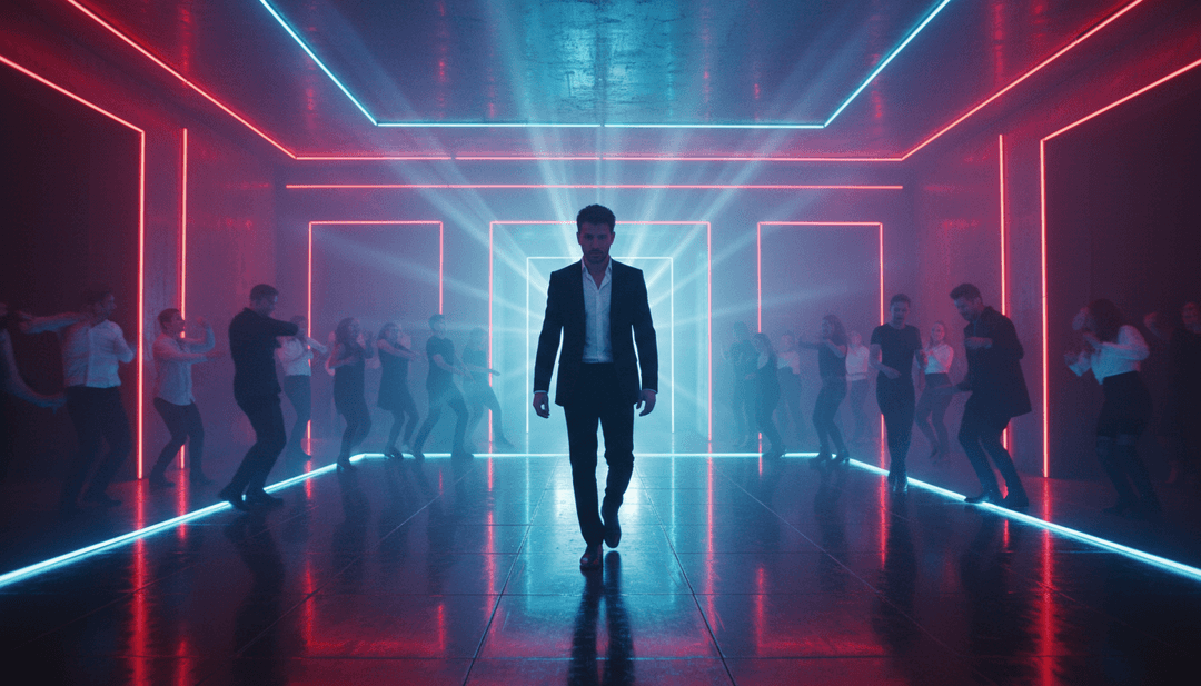 पॉप-डांस संगीत का एक सार दृश्य प्रतिनिधित्व, जिसमें चमकती ध्वनि तरंगें और केंद्र में एक डिजिटल मस्तिष्क है, जो AI व्याख्या का प्रतीक है।