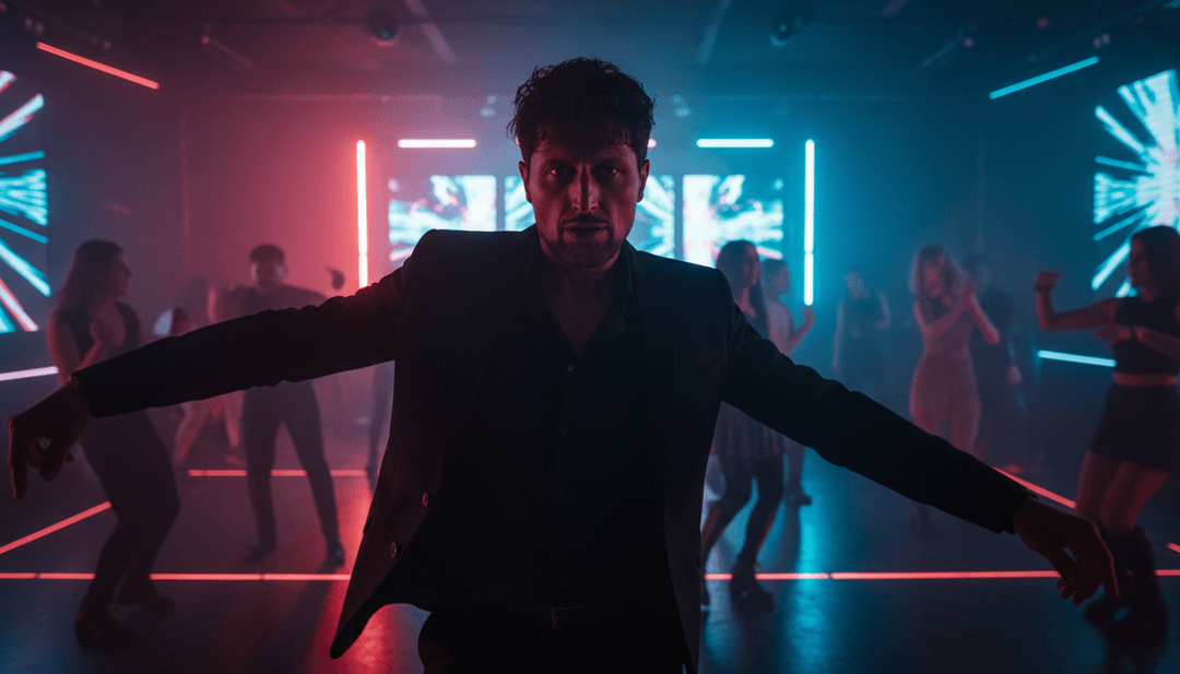 नियॉन रोशनी के बीच एक नर्तकी के गतिशील दृश्य, जिसमें संगीत नोट्स दृश्य प्रभावों में बदल रहे हैं, गाने की ऊर्जा को दर्शाते हैं।