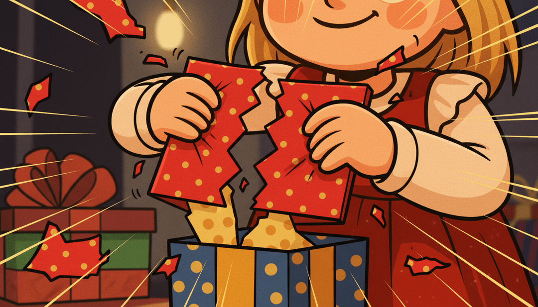 एक दृश्य जिसमें एनिमेटेड उपहार खुलते हुए चंचल पात्रों को प्रकट करते हैं, जो 'Julklappar' संगीत के साथ सिंक्रनाइज़ होते हैं।