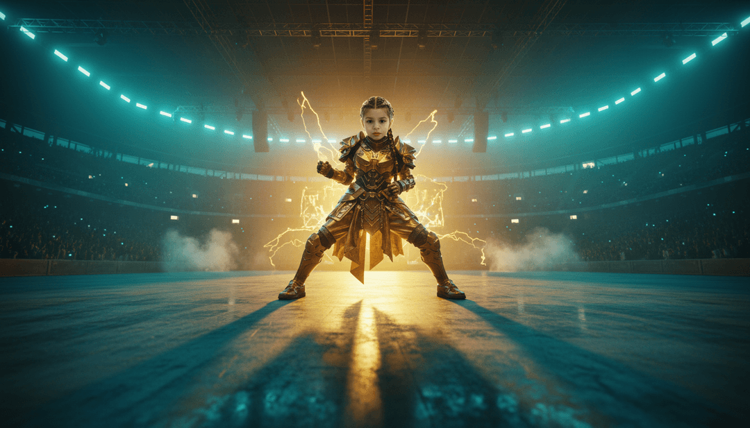 Visuais dinâmicos de ídolos KPop batalhando demônios, sincronizados com batidas eletro-pop, mostrando cortes rápidos e efeitos especiais dourados para o videoclipe de 'Golden'.