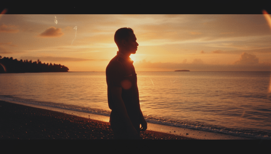 IA a interpretar uma cena de noite de Natal pacífica com neve e luzes quentes para o videoclipe '_Damai di Malam Natal_'.
