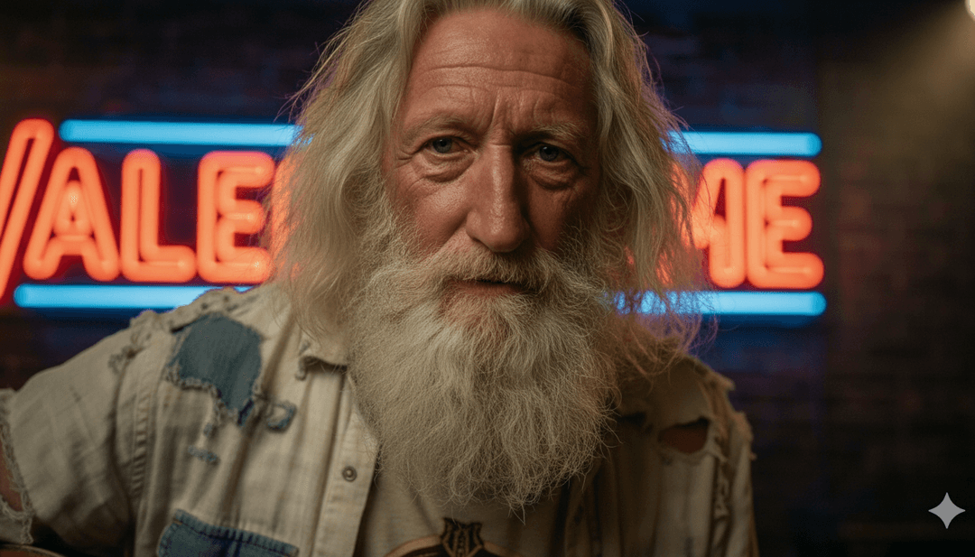 IA analisando ondas sonoras de uma música blues-folk, mostrando conceitos visuais de paisagens rústicas e padrões digitais se fundindo.