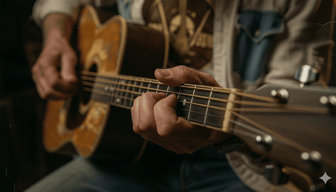 Uma imagem dividida mostrando um close-up do braço de uma guitarra acústica vintage de um lado e uma cena gerada por IA de uma estrada rural sinuosa sob um céu crepuscular do outro, ligadas por dados visuais fluidos.