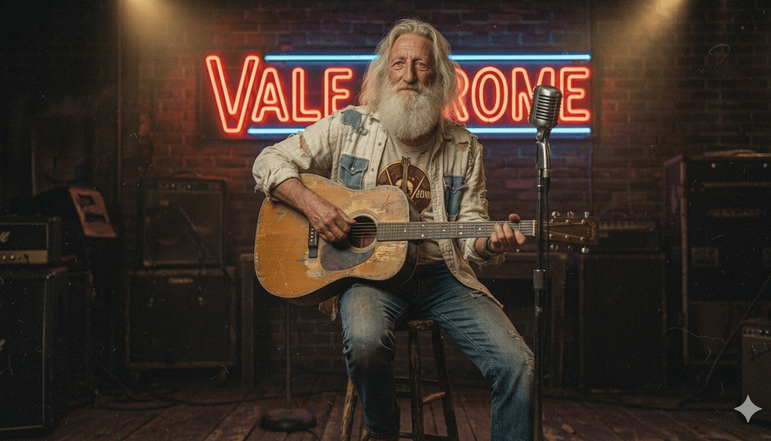 Um quadro de vídeo musical polido e cinematográfico mostrando uma figura solitária caminhando por um caminho empoeirado, com o logotipo freebeat.ai sutilmente integrado e um botão de chamada para ação.