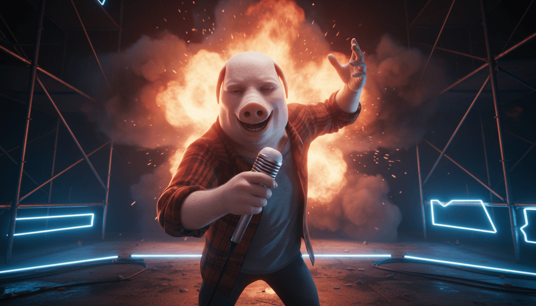 Uma sequência vibrante e rápida mostrando um arquivo MP3 bruto sendo renderizado visualmente em um complexo vídeo de música MP4, apresentando cenas urbanas e elementos de texto dinâmicos para 'Sperma pig'.