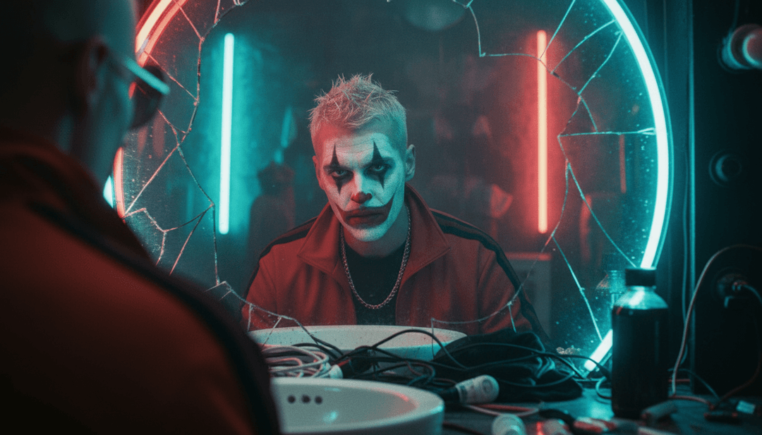 Representação abstrata de IA processando formas de onda de áudio brutas e letras de música de 'Serial Kinder by bobcastucci' de v5 para identificar temas centrais de hip-hop e motivos visuais.