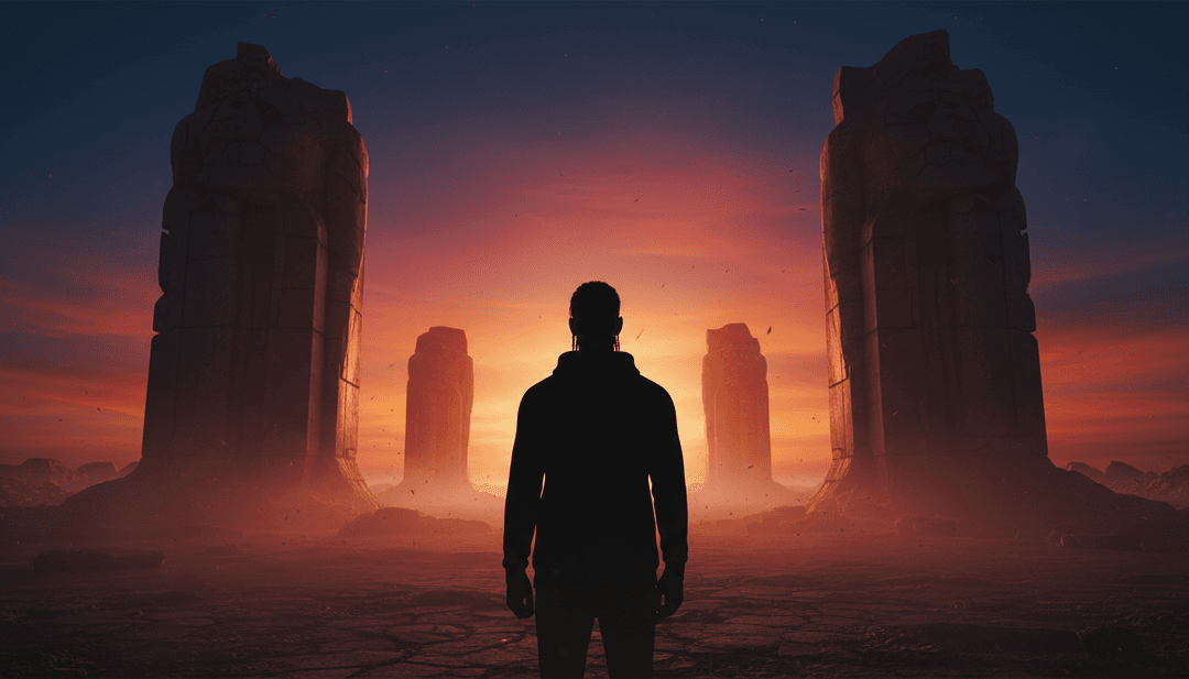 Visualização abstrata de IA analisando ondas sonoras de hip-hop, orquestrais e ambientes, formando um plano conceitual para um vídeo musical.