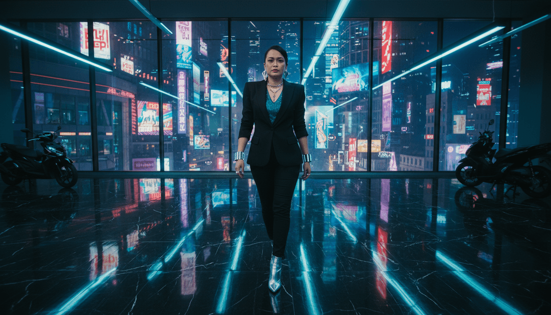 Dynamische visuelle Sequenz, die einen Hip-Hop-Beat-Drop zeigt, der eine Kaskade urbaner Bilder auslöst – schnelle Autos, Stadtlichter und dramatische Figuren, die die visuelle Generierung für 'Enemies' illustrieren.