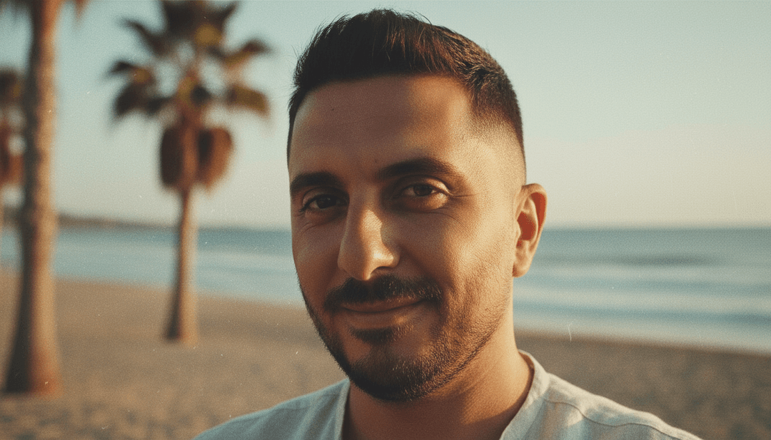 为《Sto bene al mare》制作的AI音乐视频的动态场景，展示都市海滩生活、鲜艳色彩和流畅过渡，代表嘻哈/流行融合。