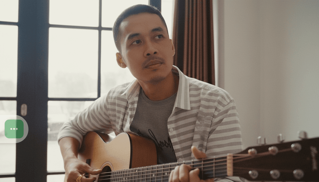 AI 分析 'KOWE WES RA ONO' 音樂影片概念中的木吉他與和聲，顯示聲波和數位藝術元素。