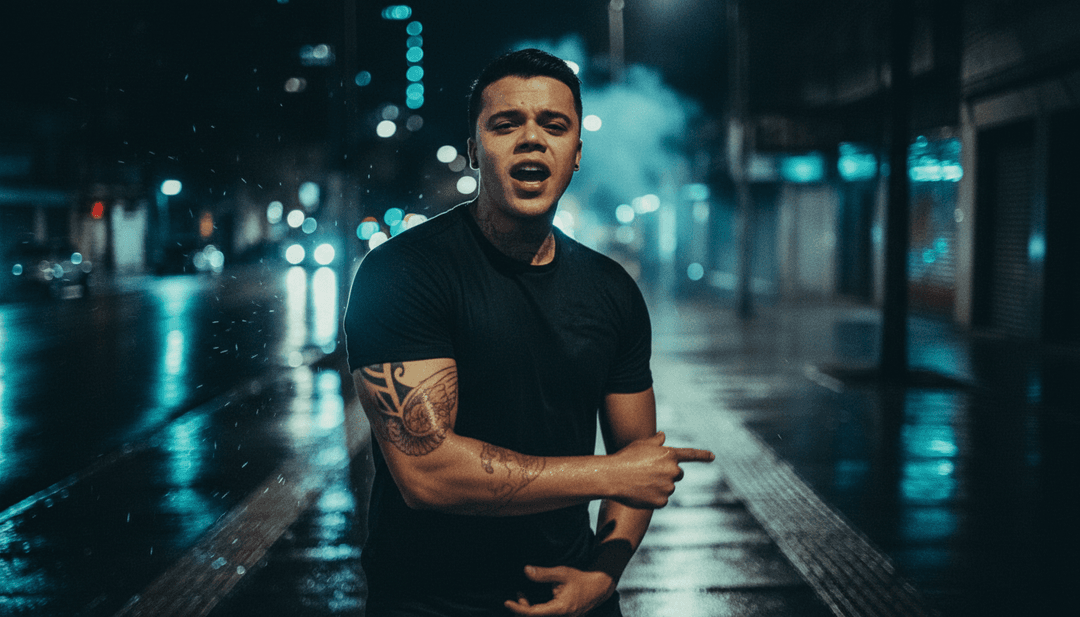 城市景观随着陷阱节拍的律动而变化的动态视觉效果,展示了 AI 将音乐元素转化为 "Coração Nobre" 视频的过程。