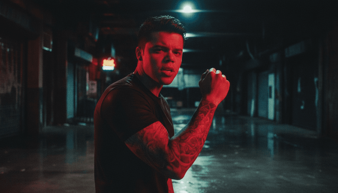 动态 AI 生成的音乐视频场景,带有都市街头艺术和脉动灯光,与 MC JR - RJ & SP 的节拍同步