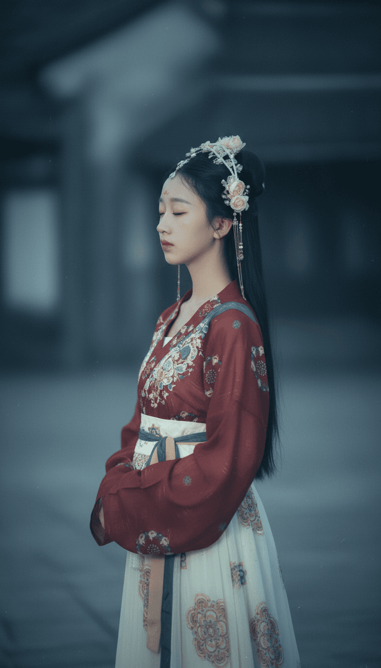 AI 分析 'Honglou.mp3' 波形，描繪傳統中國山水和古箏、琵琶等古老樂器在寧靜的環境中。