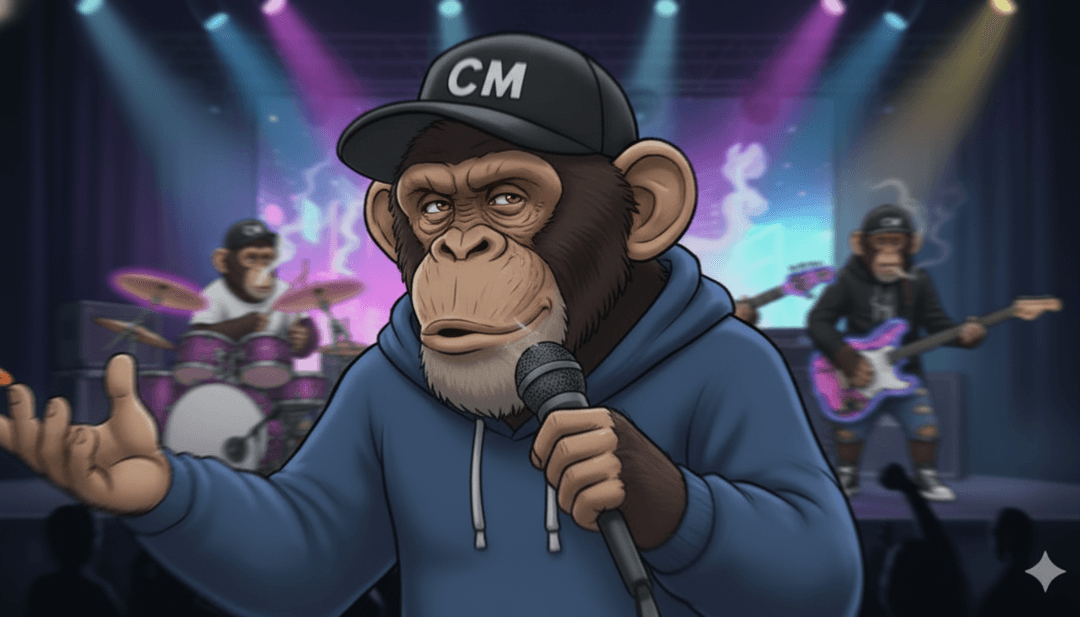 一个由烟雾和金属组成的数字猴子形象在城市废墟背景中随着激流金属节拍摇头晃脑的动态场景。