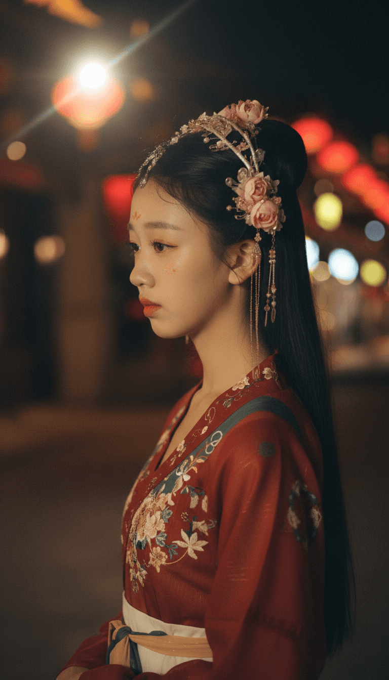 IA interpretando música tradicional chinesa com fitas de seda esvoaçantes e pergaminhos antigos, pronta para gerar um videoclipe único para 'honglou.mp3'.