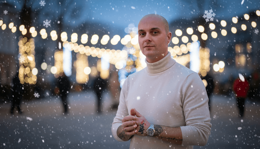 Un utilisateur souriant devant un écran affichant son clip musical pour GOTVNATALE.mp3, généré par l'IA et propulsé par Freebeat.ai.