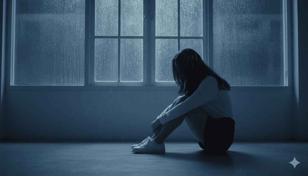 Uma figura solitária caminhando por uma paisagem desolada e bela, com sutis efeitos animados que refletem as batidas emocionais da música.