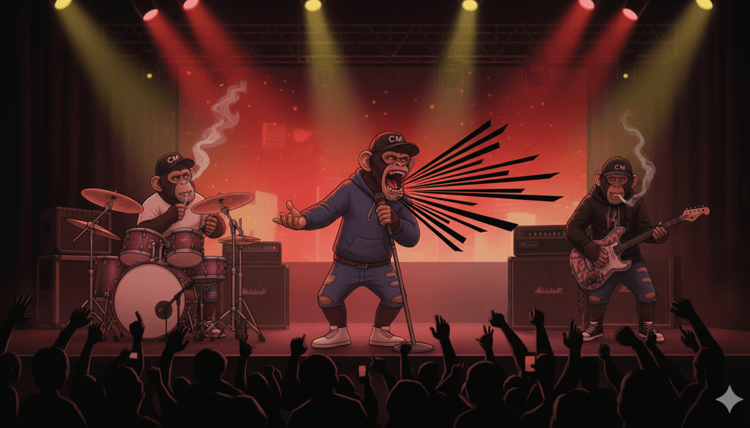 Dynamische, von KI generierte Visuals für CIGGY MONKEE, die aggressive Metalcore-Szenen und Effekte zeigen.