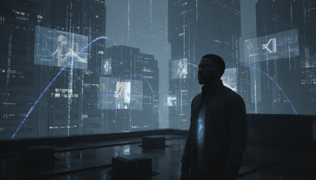 गाने के बोल और मूड का विश्लेषण करते AI की अवधारणात्मक छवि