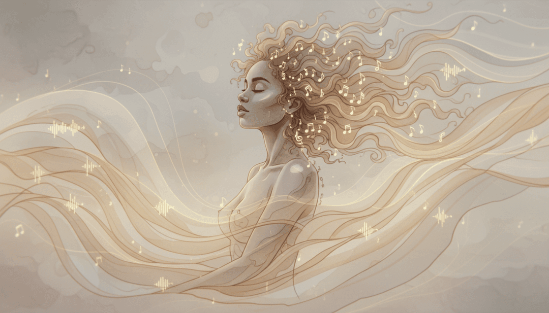 음악 노트와 가사를 분석하는 AI의 개념적 이미지