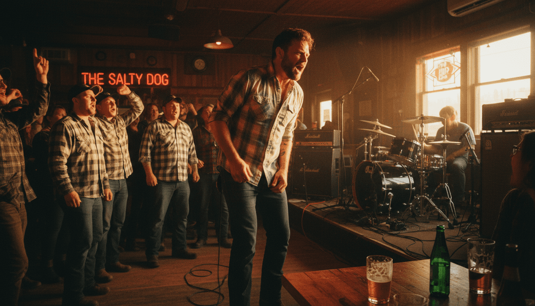 カントリーミュージックの要素がシーンに変わる視覚的表現。