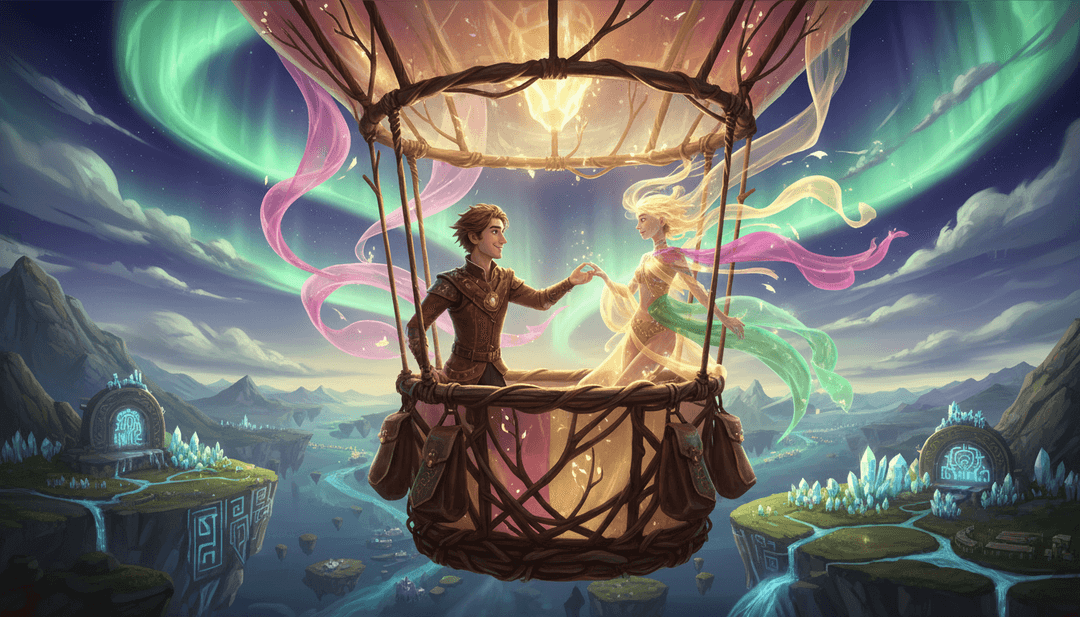 Interpretação visual de um balão de ar quente sobrevoando paisagens.