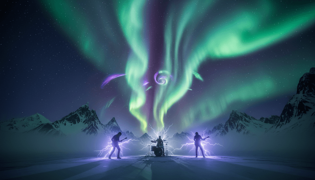 Visuelle Szenen inspiriert von den Gitarrensoli und Gesangsharmonien von 'Redshift'