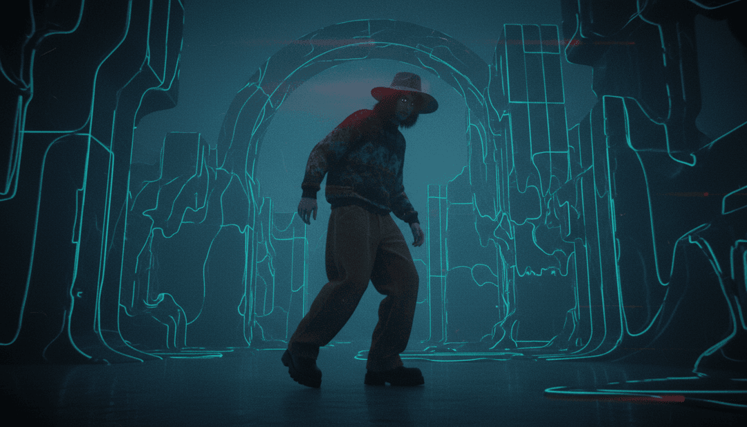 Abstrakte digitale Kunst, die Stimmung und Rhythmus von 'Haze' mit Neonlichtern und ambienten Farben darstellt