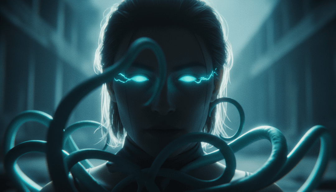 Visuelle Szene mit neonbeleuchteten Tänzern, die sich fließend in einer vom Zwielicht inspirierten digitalen Landschaft bewegen