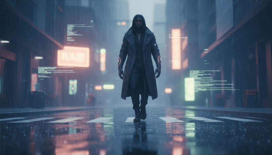 Chamas abstratas e paisagem urbana se fundindo para representar a energia intensa da música