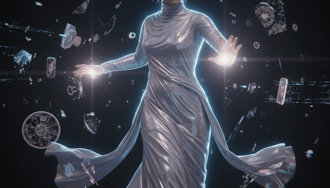 गीत की लय और मूड को दर्शाते हुए अमूर्त आकृतियों और बहती रोशनी के गतिशील दृश्य