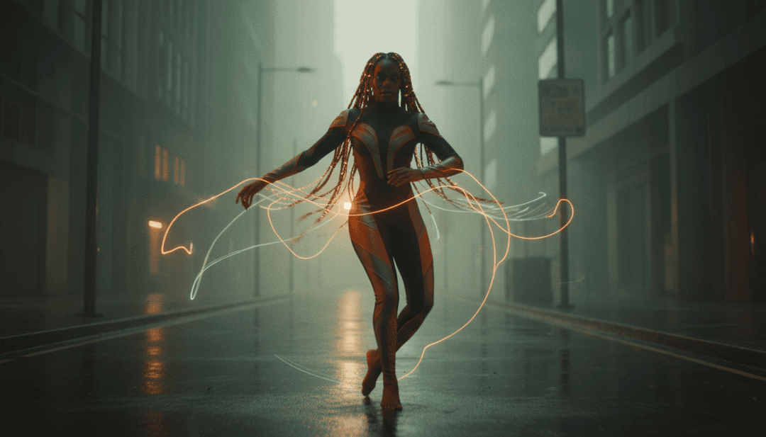 Cenas vibrantes de batidas rítmicas se transformando em movimentos de dança dinâmicos e momentos ternos.