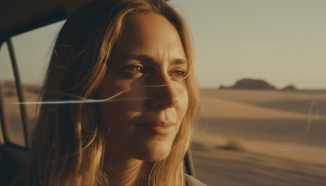 노을 지는 고속도로 위 외로운 운전자의 생생한 장면, 노래의 주제를 상징