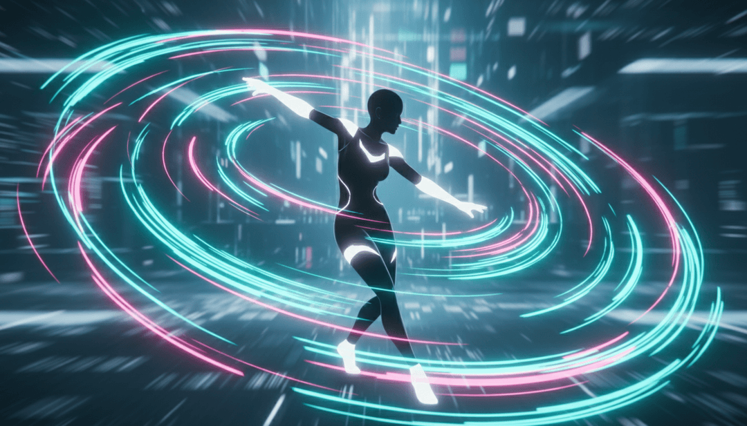 受 'Woman' 節奏與歌詞啟發的視覺場景，呈現流動形狀與溫暖色彩。