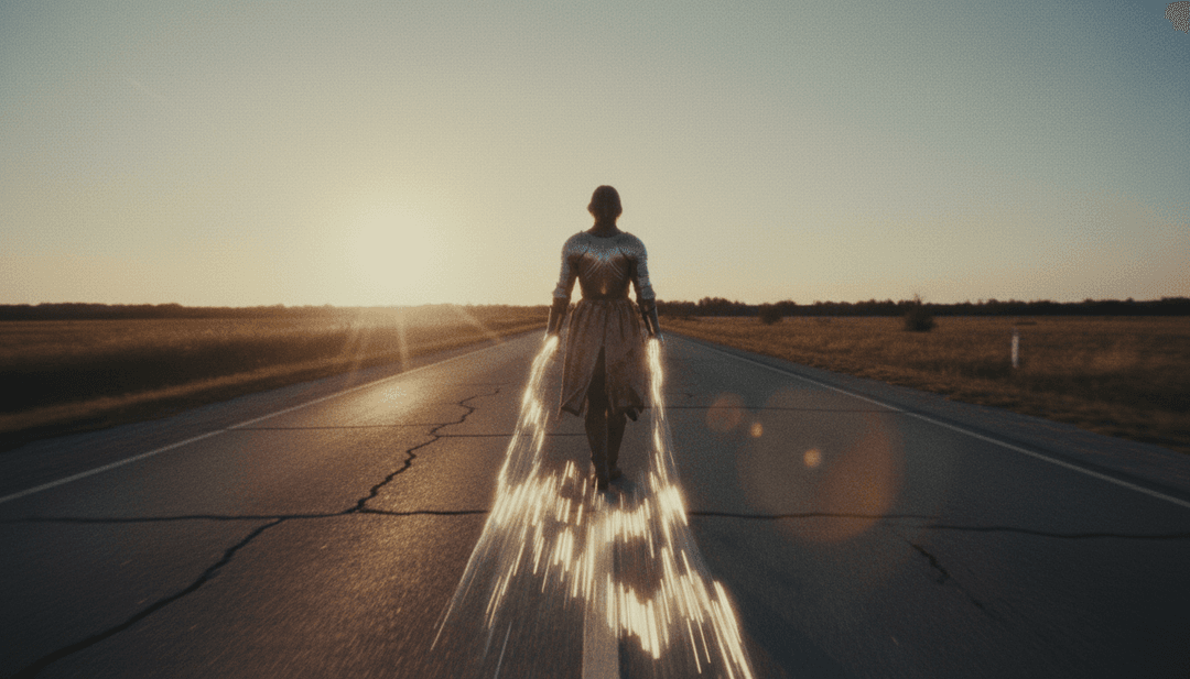 एक छोटे शहर की सेटिंग में एक महिला का दृश्य मोंटाज, जिसमें सिगरेट, कुत्ते, और धूप से भरी सड़कों जैसे प्रतीकात्मक तत्व शामिल हैं