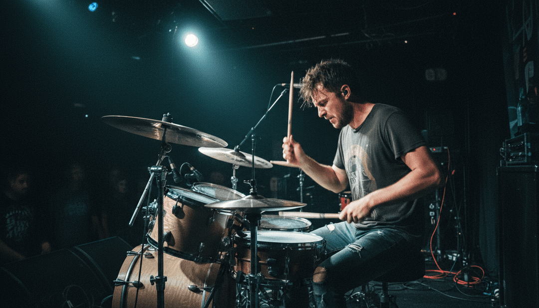 गिटार रिफ्स और ड्रम बीट्स का गतिशील कोलाज जो kinetic टाइपोग्राफी और शहरी स्ट्रीट आर्ट के माध्यम से दृश्य रूप में प्रस्तुत है।