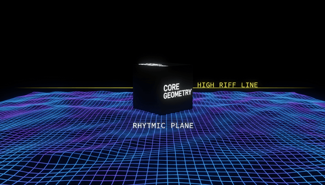 Avalanche के सिंथ-पॉप बीट्स और धुनों का प्रतिनिधित्व करते हुए बहती रोशनी और अमूर्त आकृतियों के गतिशील दृश्य